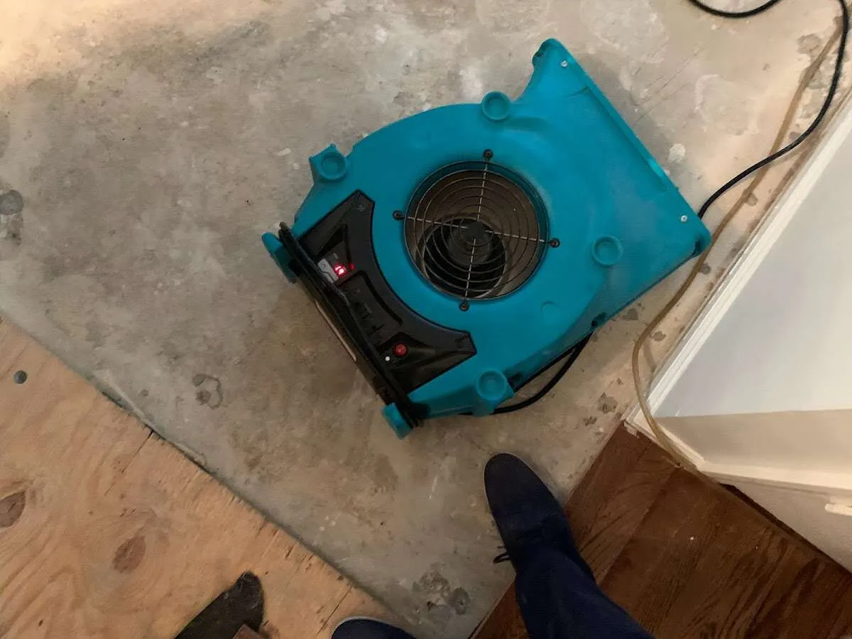 Air mover drying subfloor during Commercial Water Damage Restoration in Gold River